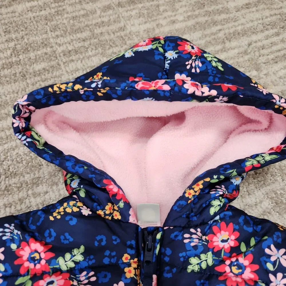 Little Me girls floral puffer hood heavyweight jacket blue pink size 2T